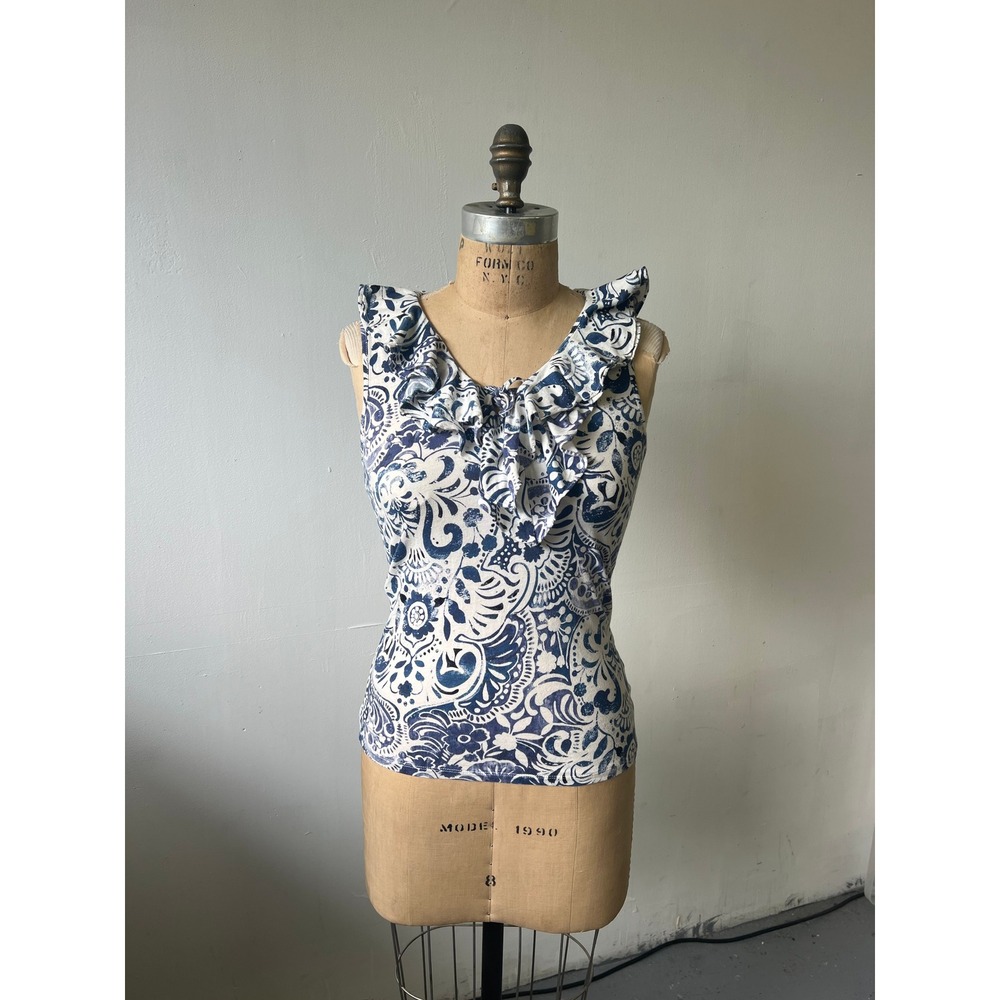 Lauren Ralph Lauren Blue Paisley Floral Ruffle V-Neck Sleeveless Tie Front Top